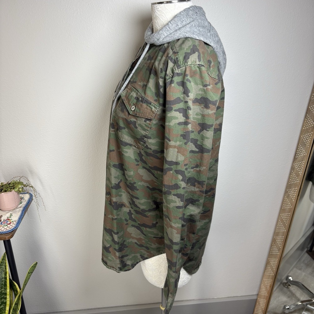 Empyre Mens L Green Camo Hooded Shacket Button Up Shirt Streetwear Cotton Blend - Picture 11 of 16